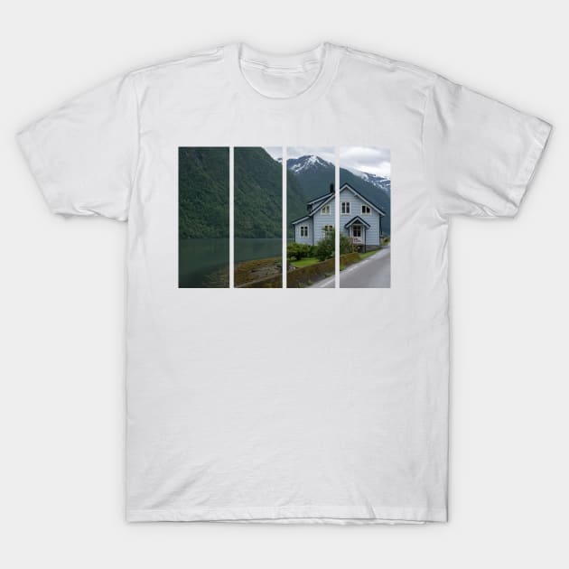 Wonderful landscapes in Norway. Innlandet. Beautiful scenery of Fjaerland village and the Fjaerlandsfjorden. Snowed mountains and waterfall. Cloudy day. T-Shirt by fabbroni-art